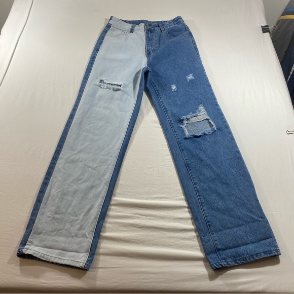 Shein Jeans women’s 4 Two Tone Relaxed Jeans Distressed High Rise Zip jeans - Picture 9 of 10